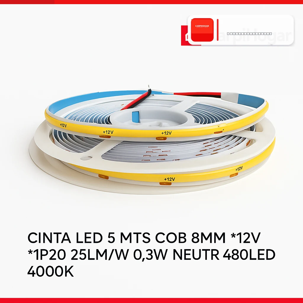 CINTA LED 5 MTS COB 8MM * 12V *IP20 25LM/W 0.3W NEUTRO 480LED 4000K