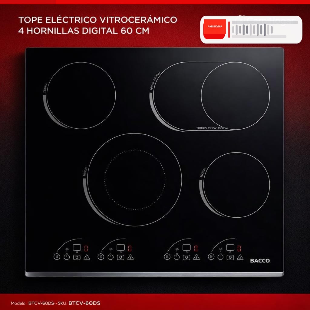TOPE ELÉCTRICO VITROCERÁMICA 4 HORNILLAS 60 CM