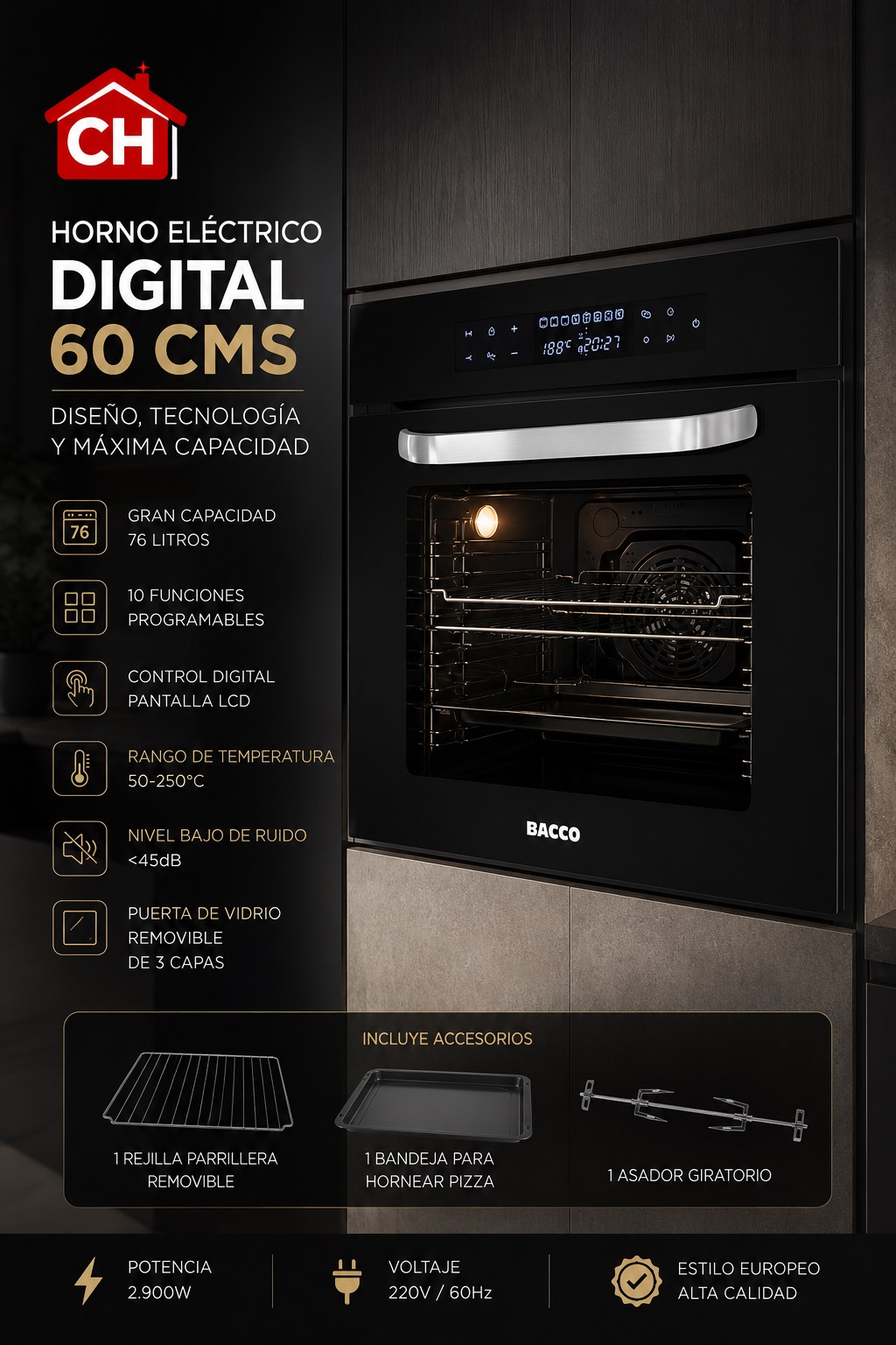 HORNO ELÉCTRICO DE 60 CM DIGITAL COLOR NEGRO