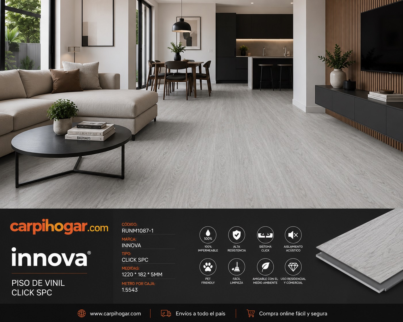 PISO DE VINIL CLICK RUNM1087-1 RENDIMIENTO POR CAJA 1.5543 m²