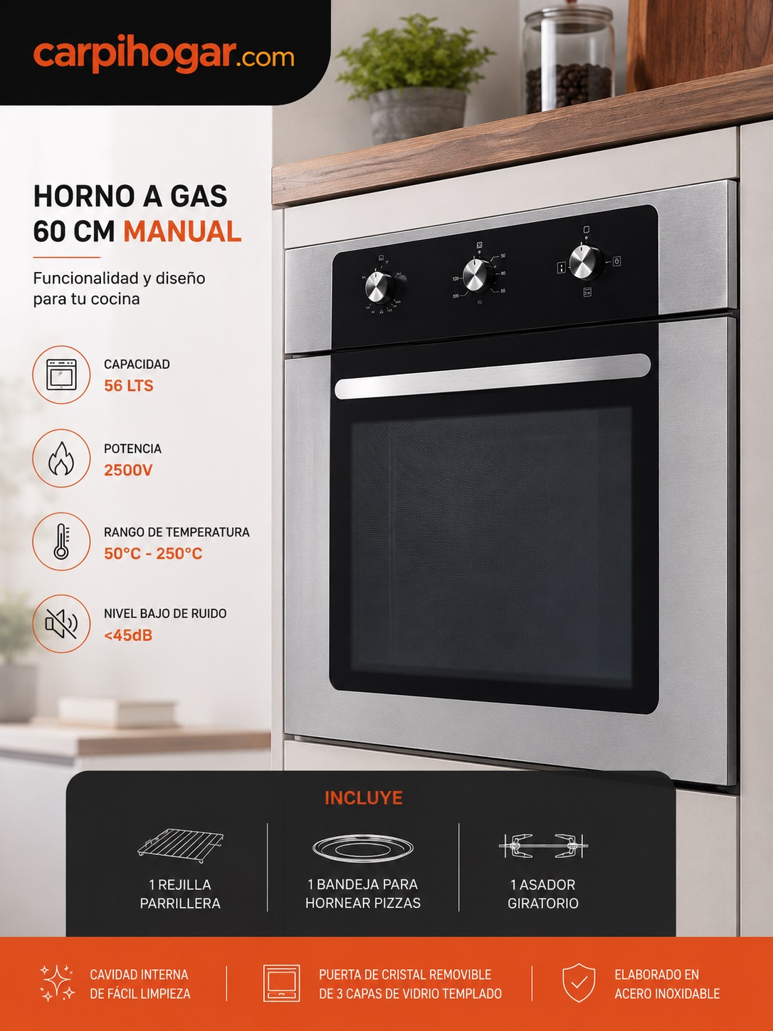 HORNO A GAS DE 60 CM MANUAL EN ACERO Y VIDRIO NEGRO