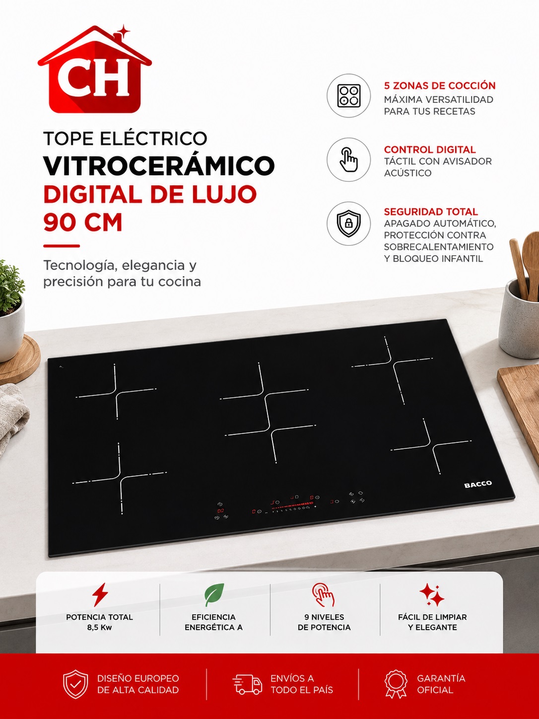 TOPE ELÉCTRICO VITROCERÁMICA DIGITAL 5 HORNILLAS 90 CM DE LUJO