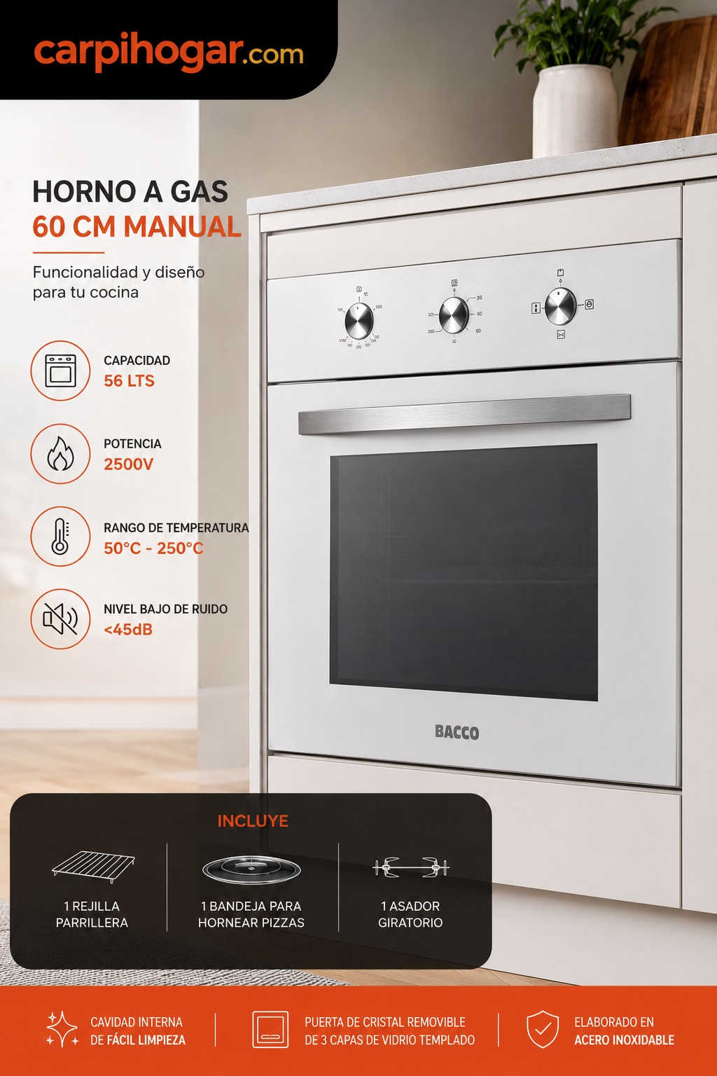HORNO A GAS DE 60 CM MANUAL EN COLOR BLANCO
