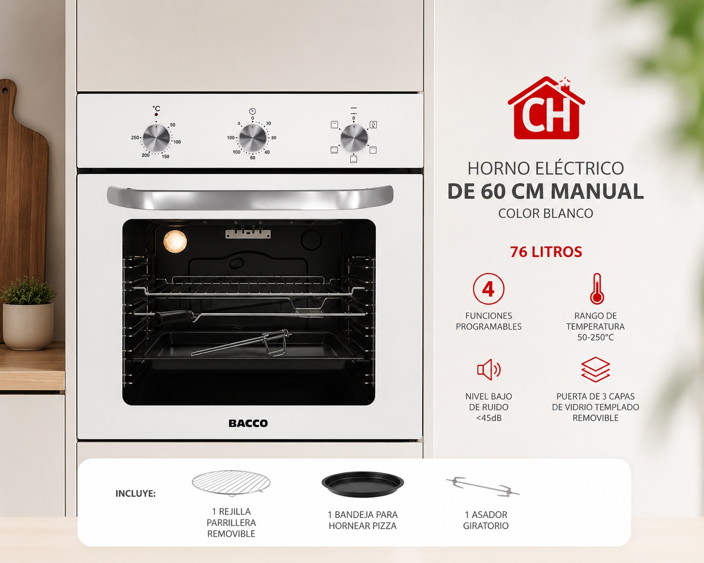 HORNO ELÉCTRICO DE 60 CM MANUAL COLOR BLANCO