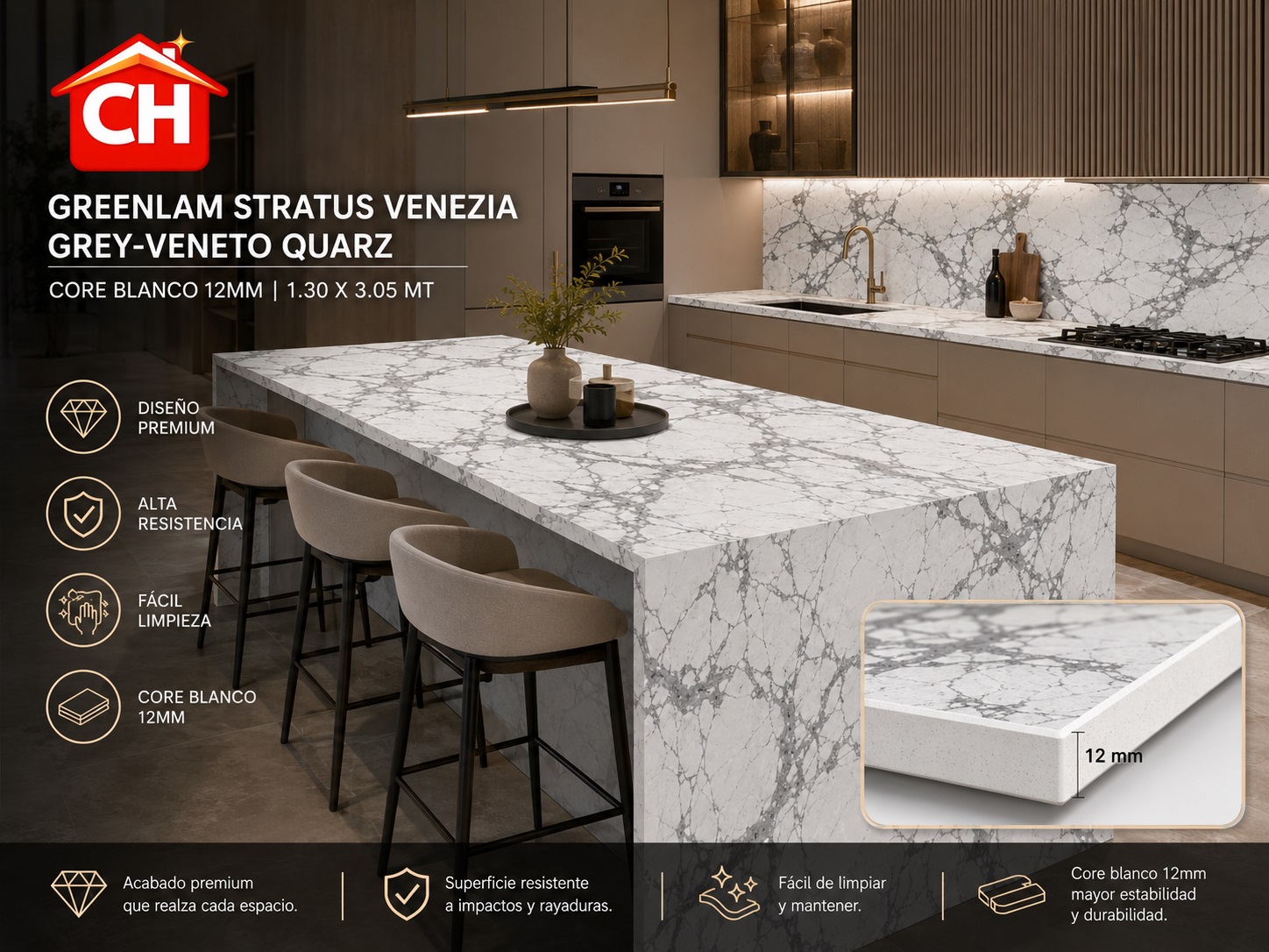 STRATUS VENEZIA GREY-VENETO QUARZ CORE BLANCO 1.30 x 3.05 MT