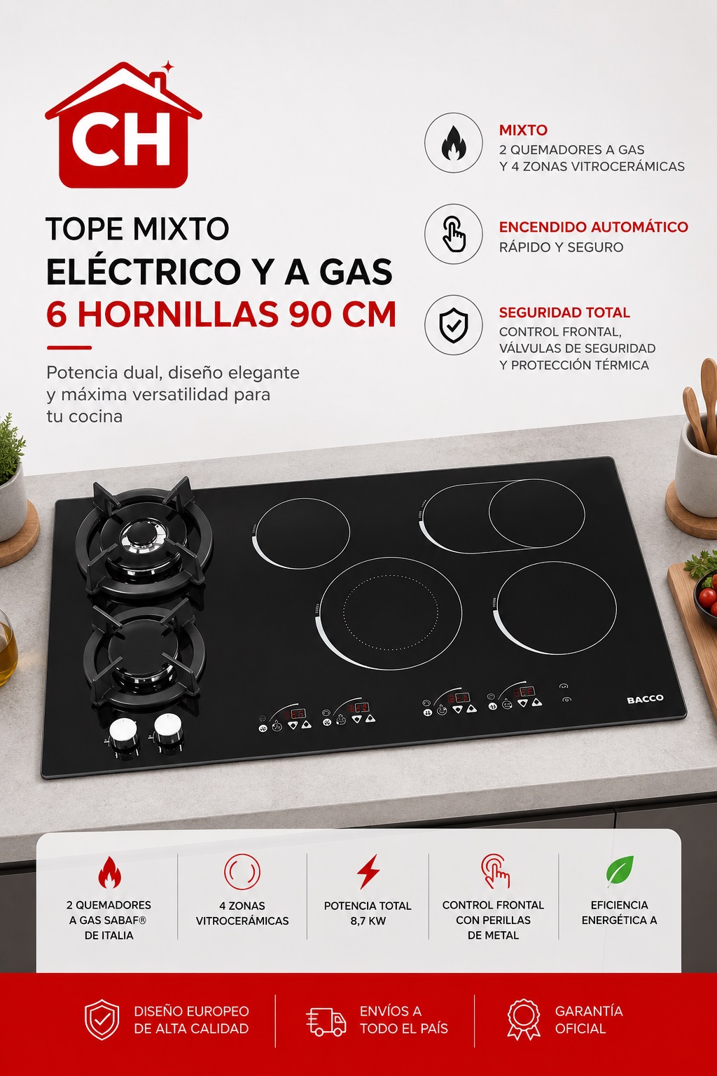 TOPE MIXTO ELÉCTRICO Y A GAS 6 HORNILLAS 90 CM