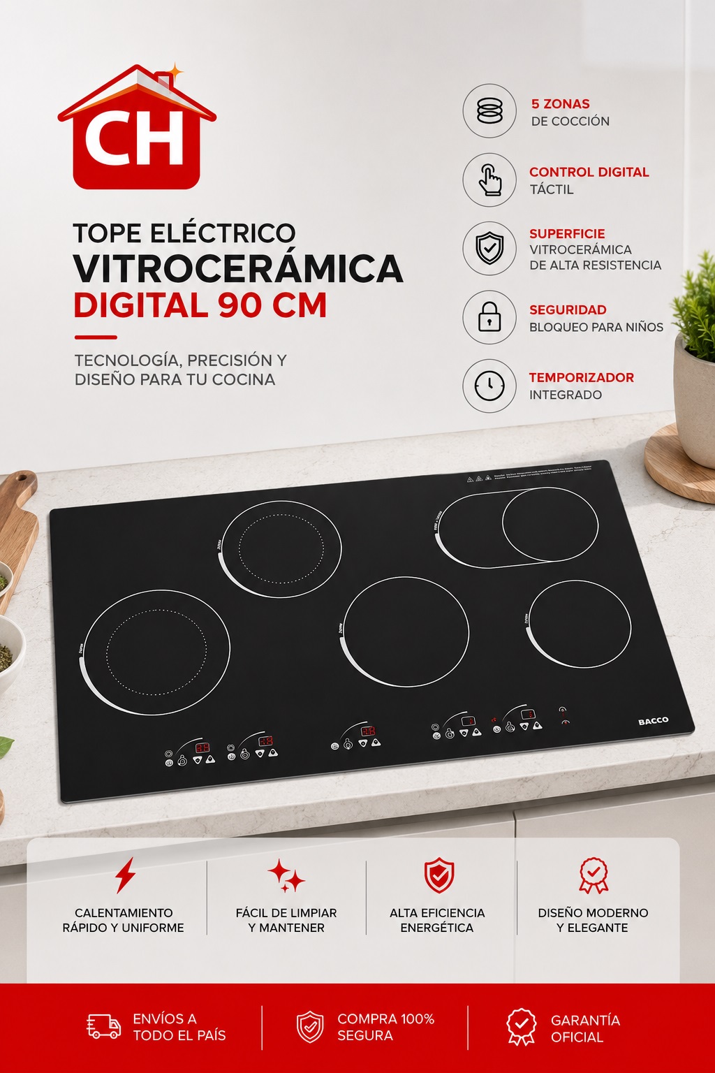 TOPE ELÉCTRICO VITROCERÁMICA DIGITAL 90 CM