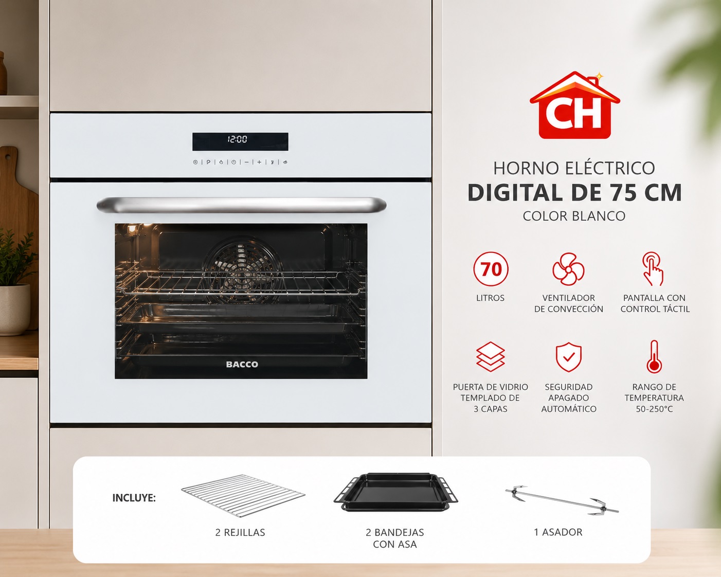 HORNO ELÉCTRICO DIGITAL DE 75 CM COLOR BLANCO