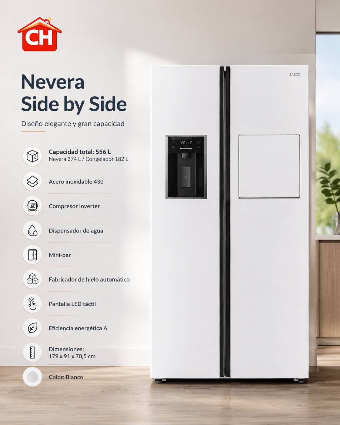 NEVERA SIDE BY SIDE COLOR BLANCO - 20ft³