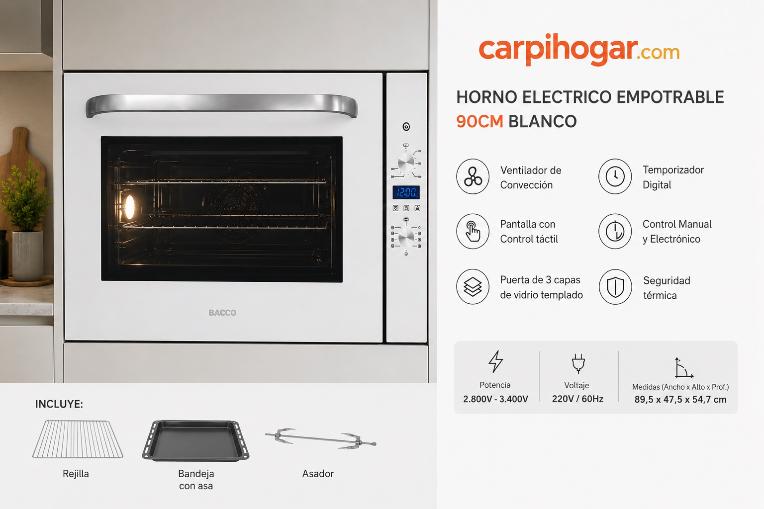 HORNO ELECTRICO EMPOTRABLE 90CM BLANCO