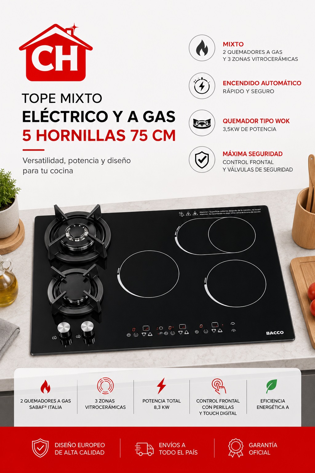 TOPE MIXTO ELÉCTRICO Y A GAS 5 HORNILLAS 75 CM CARACTERÍSTICAS