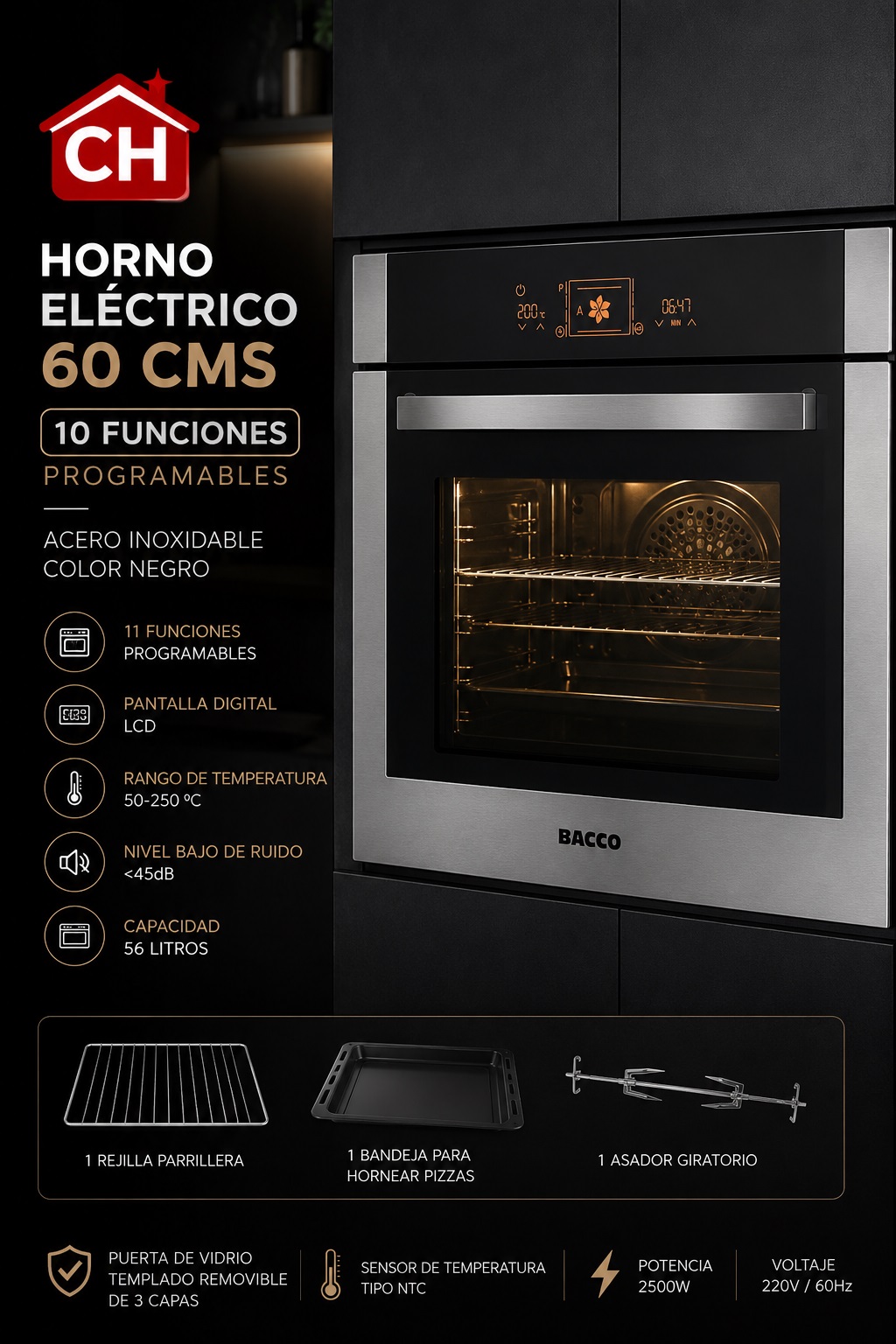HORNO ELÉCTRICO DE 60 CMS 10 FUNCIONES PROGRAMABLES EN ACERO INOXIDABLE COLOR NEGRO