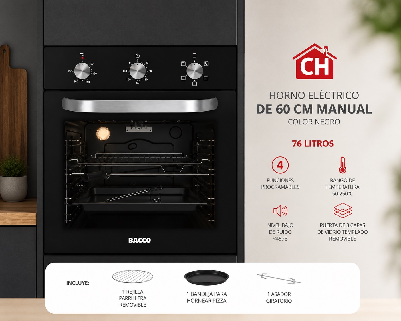 HORNO ELÉCTRICO DE 60 CM MANUAL COLOR NEGRO