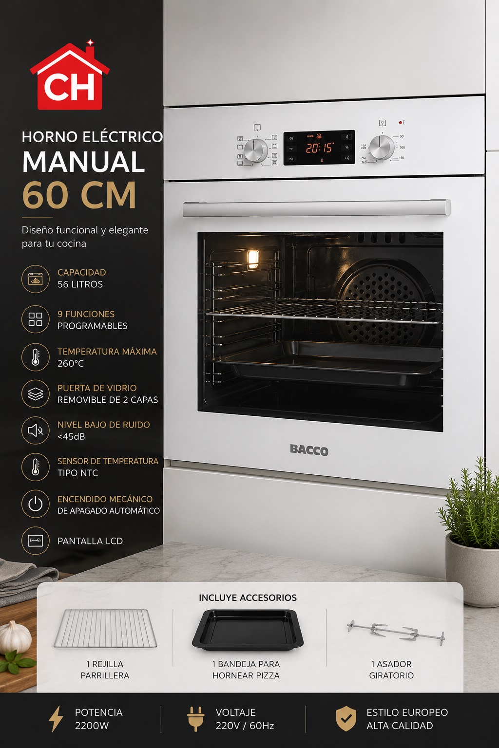 HORNO ELÉCTRICO MANUAL DE 60 CM COLOR BLANCO