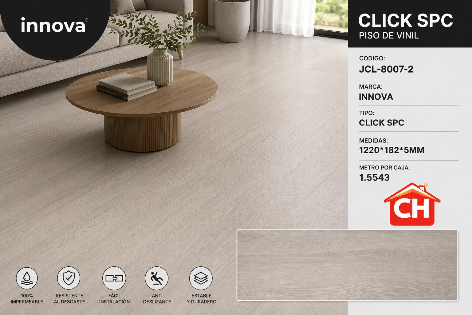 PISO DE VINIL CLICK SPC JCL-8007-2 RENDIMIENTO POR CAJA 1.5543 m²