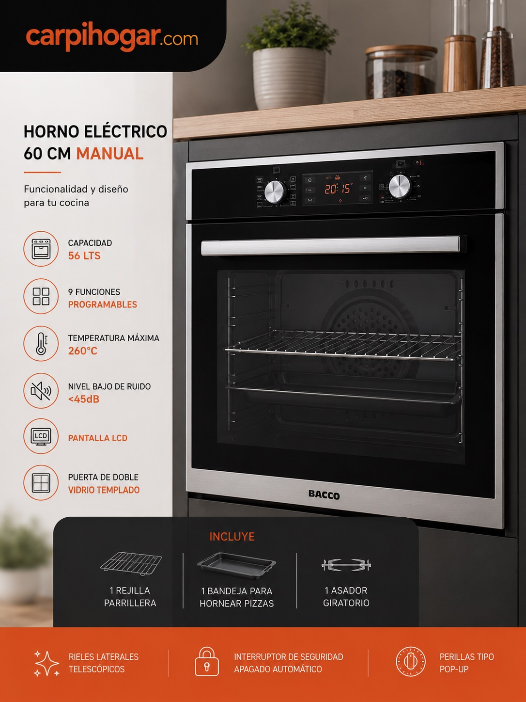 HORNO ELÉCTRICO MANUAL DE 60 CM COLOR NEGRO