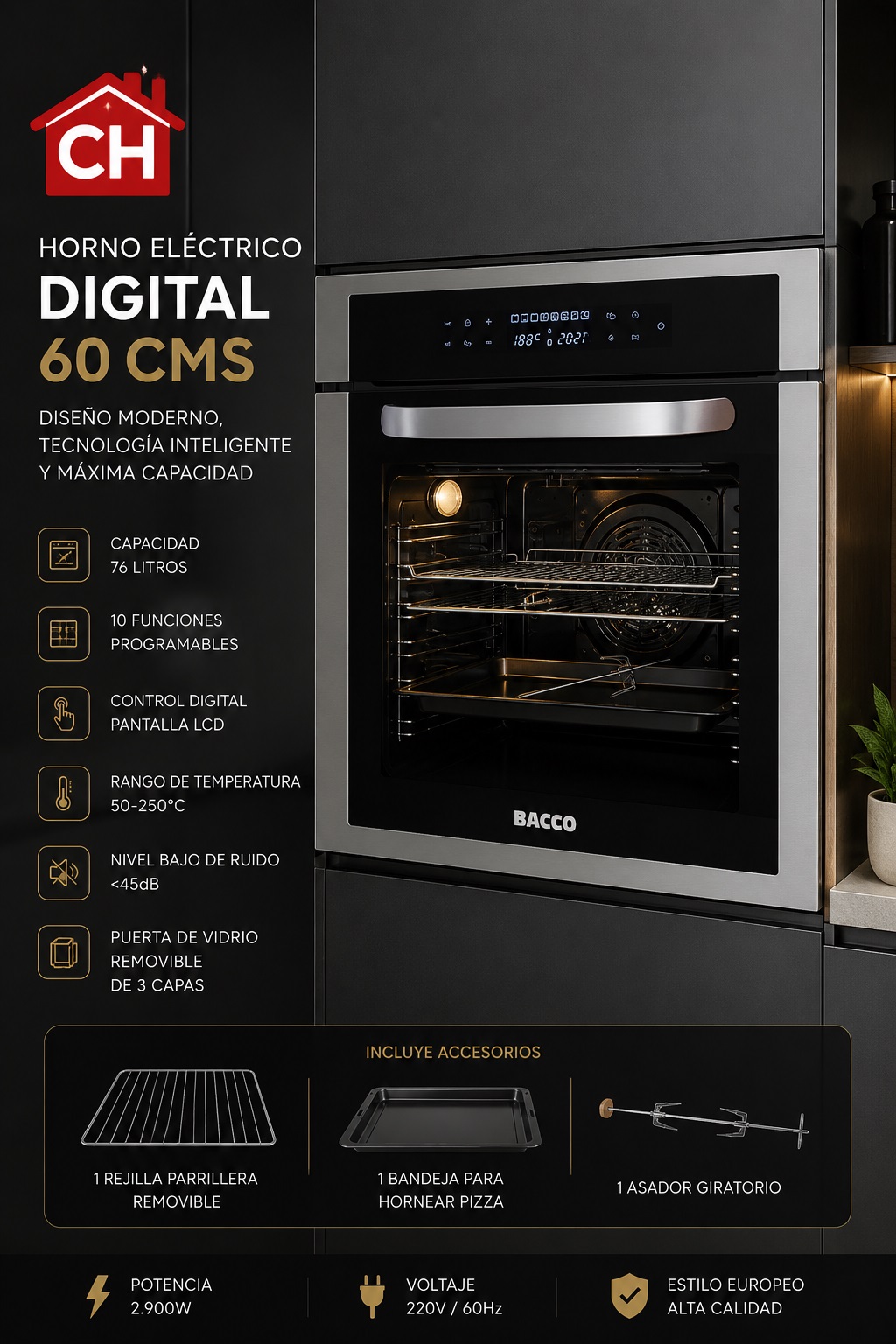 HORNO ELÉCTRICO DE 60 CM DIGITAL EN ACERO CON VIDRIO NEGRO