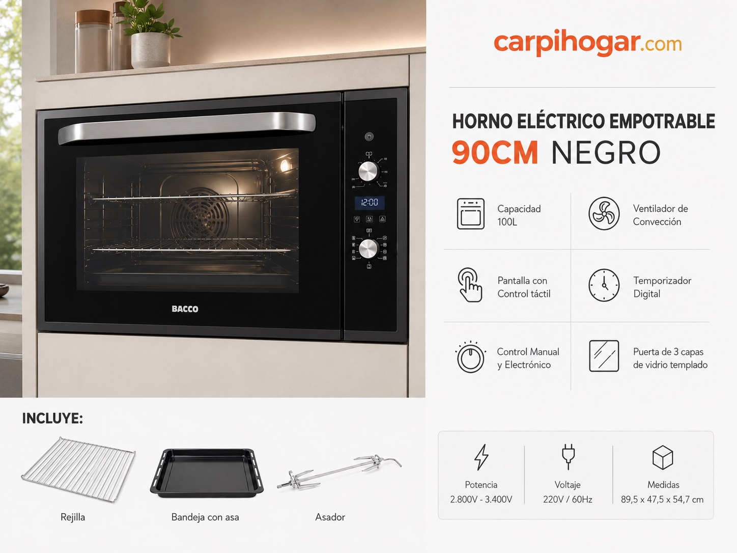 HORNO ELECTRICO EMPOTRABLE 90CM NEGRO