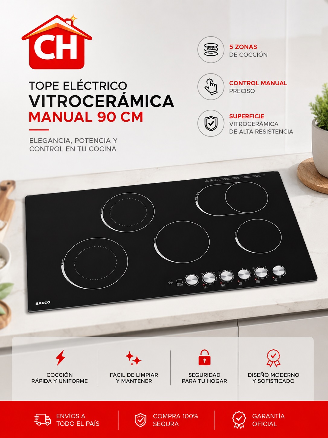 TOPE ELÉCTRICO VITROCERÁMICA MANUAL 90 CM