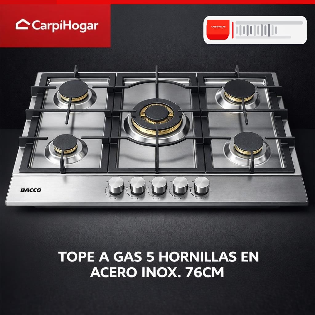 TOPE A GAS 5 HORNILLAS EN ACERO INOX 76 CM