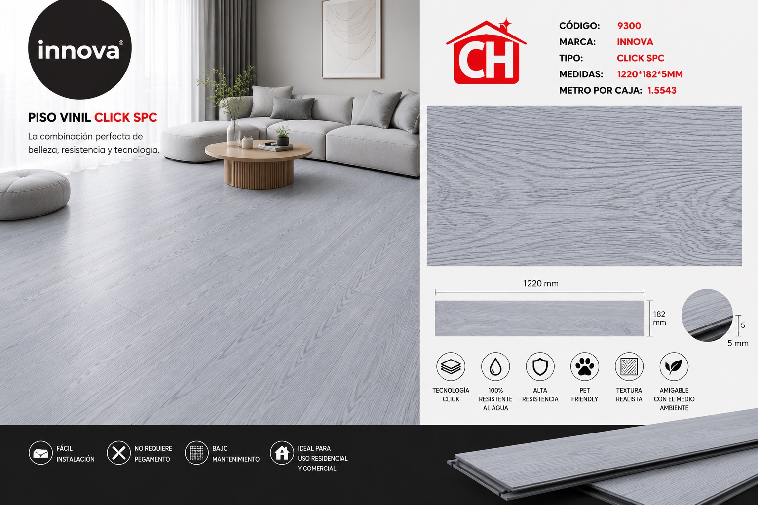 PISO DE VINIL CLICK SPC 9300 RENDIMIENTO POR CAJA 1.5543 m²