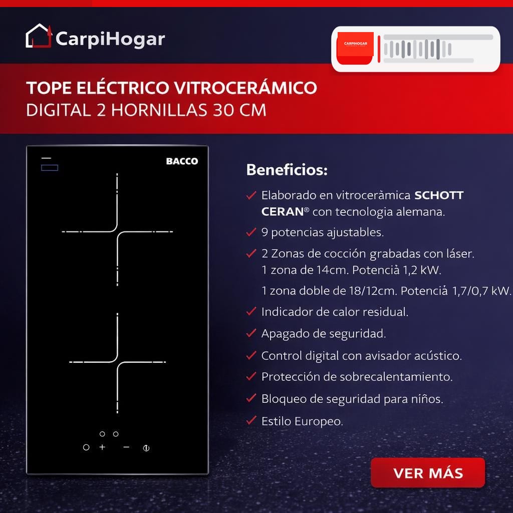 TOPE ELÉCTRICO VITROCERÁMICA DIGITAL 2 HORNILLAS 30 CM