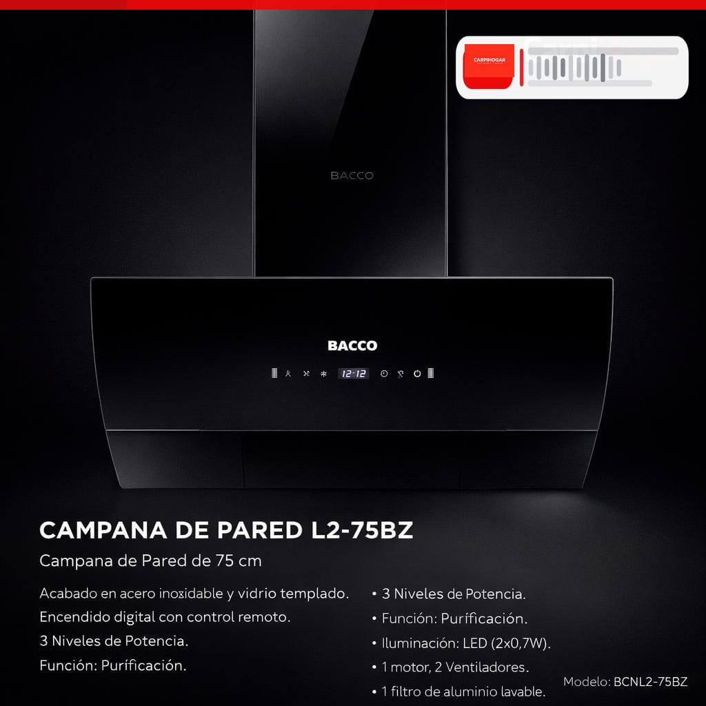 CAMPANA EXTRACTORA DE PARED ESTILO EUROPEO EN COLOR NEGRO 75 CM