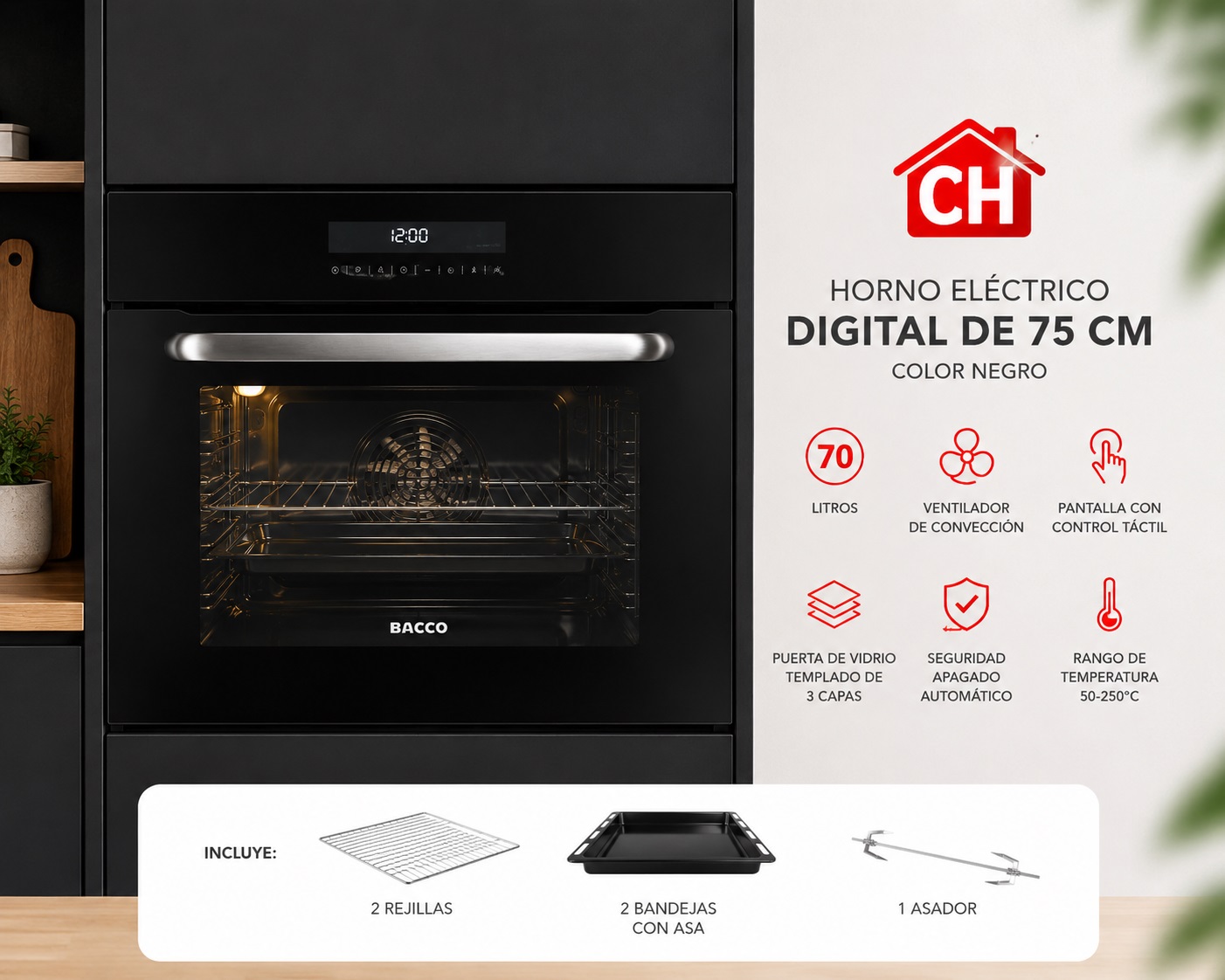 HORNO ELÉCTRICO DIGITAL DE 75 CM COLOR NEGRO