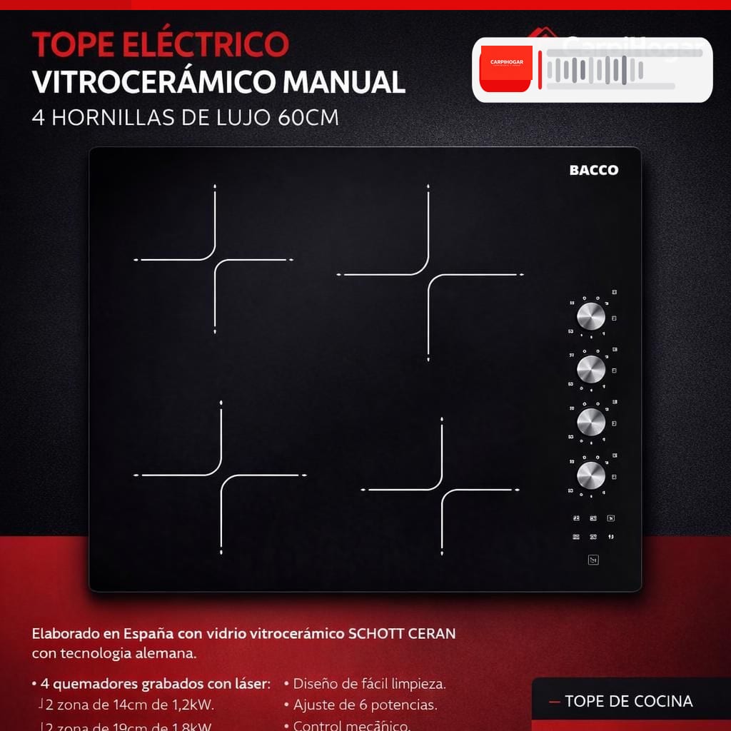 TOPE ELÉCTRICO VITROCERÁMICA MANUAL 4 HORNILLAS 60 CM
