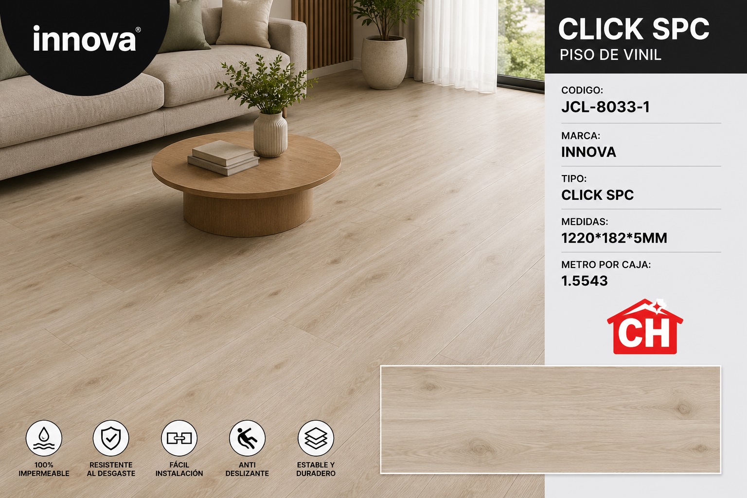 PISO DE VINIL CLICK SPC JCL-8033-1 RENDIMIENTO POR CAJA 1.5543 m²