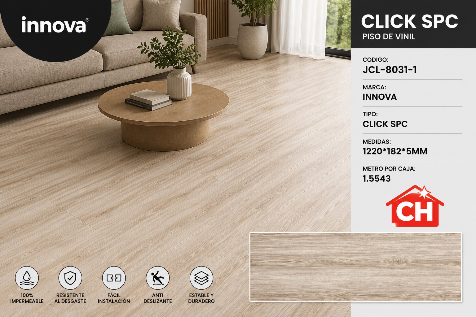 PISO DE VINIL CLICK SPC JCL-8031-1 RENDIMIENTO POR CAJA 1.5543 m²