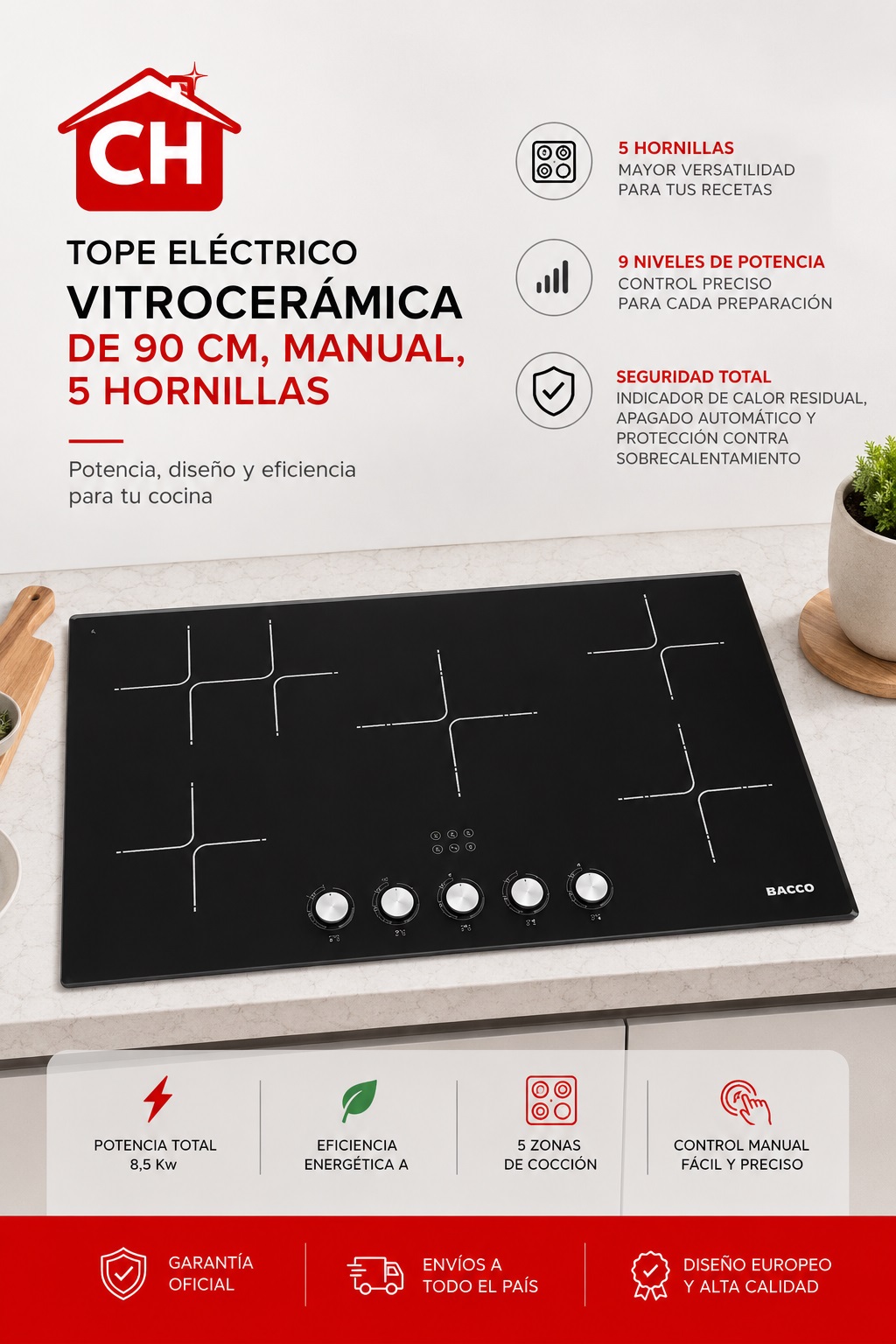 TOPE ELÉCTRICO VITROCERÁMICA MANUAL 5 HORNILLAS 90 CM