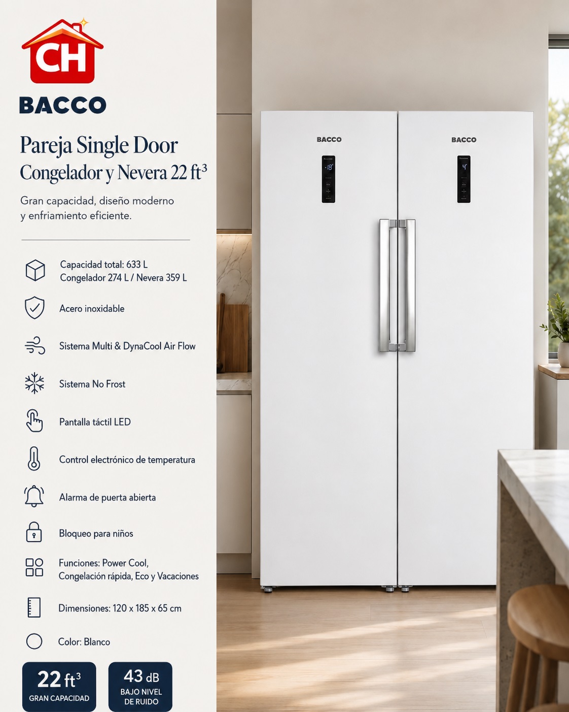 PAREJA SINGLE DOOR CONGELADOR Y NEVERA 22ft³