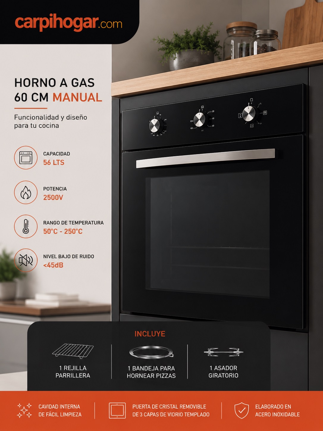HORNO A GAS DE 60 CM MANUAL EN COLOR NEGRO