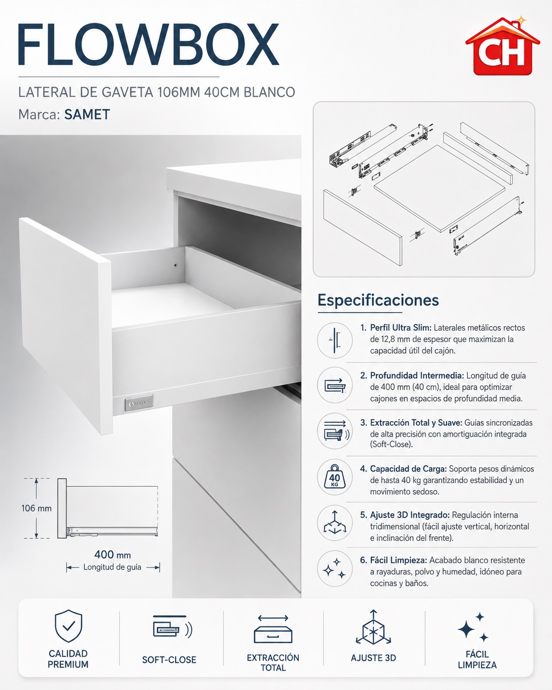 SAMET FLOWBOX LATERAL DE GAVETA 106MM 40CM BLANCO