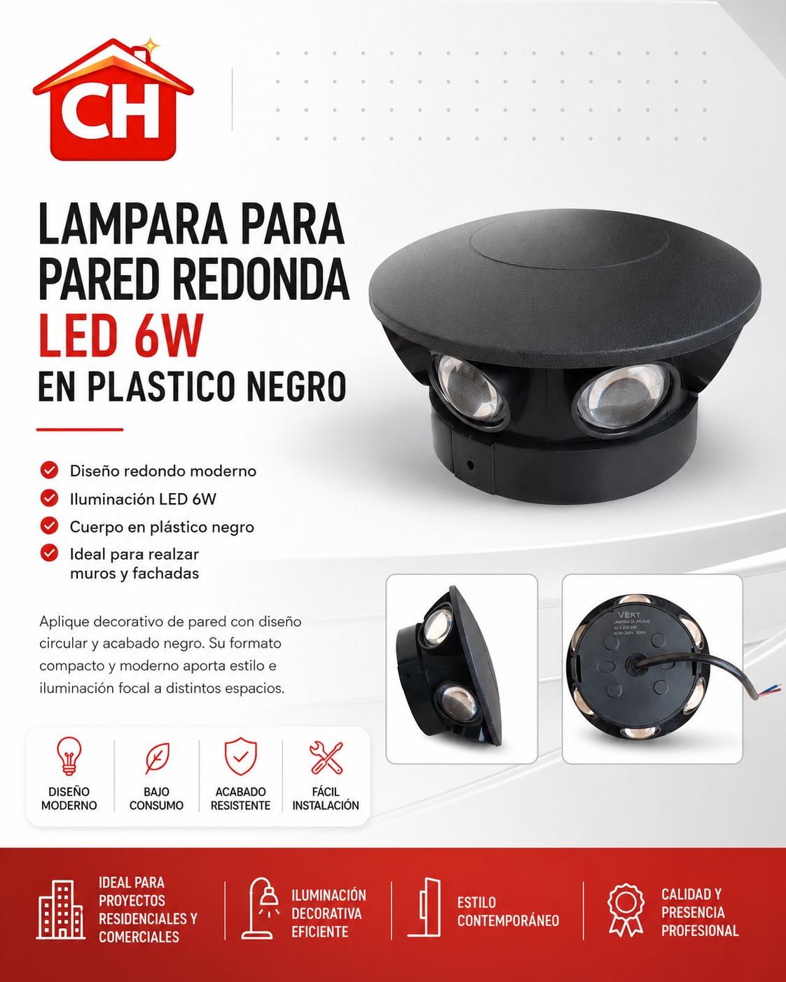 LAMPARA P PARED REDONDA LED 6W EN PLASTICO NEGRO