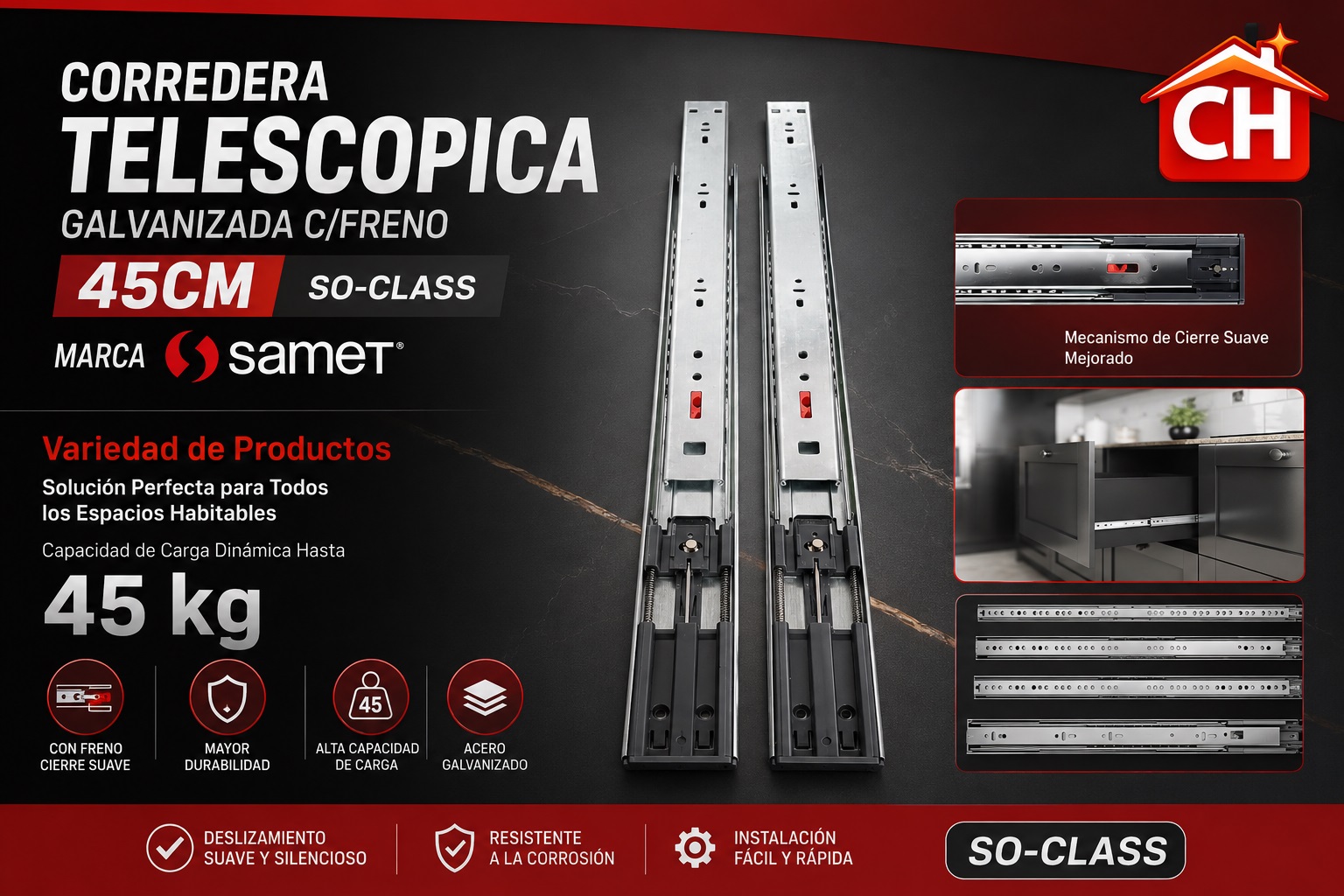 CORREDERA TELESCOPICA GALVANIZADA C/FRENO 45CM