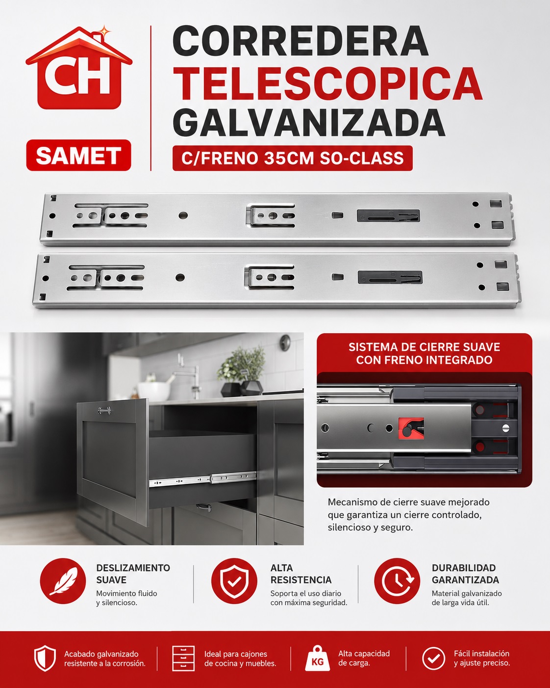 SAMET SO-CLASS CORREDERA TELESCOPICA GALVANIZADA C/FRENO 35CM