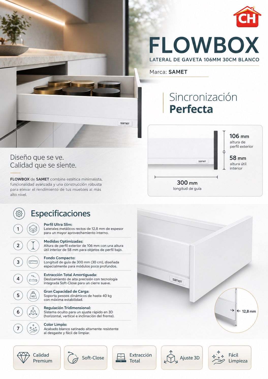 SAMET FLOWBOX LATERAL DE GAVETA 106MM 30CM BLANCO