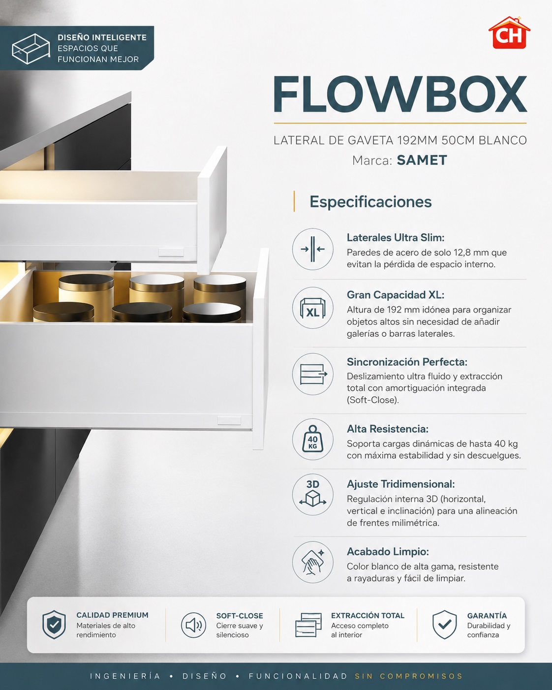 SAMET FLOWBOX LATERAL DE GAVETA 192MM 50CM BLANCO