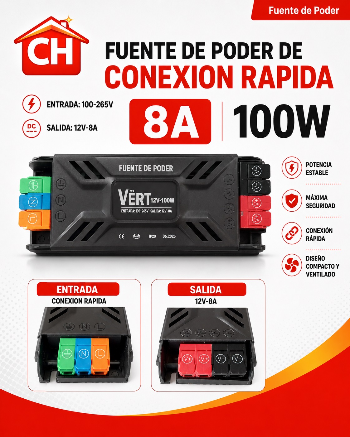 FUENTE DE PODER CONEXION RAPIDA 12V 8A 100W