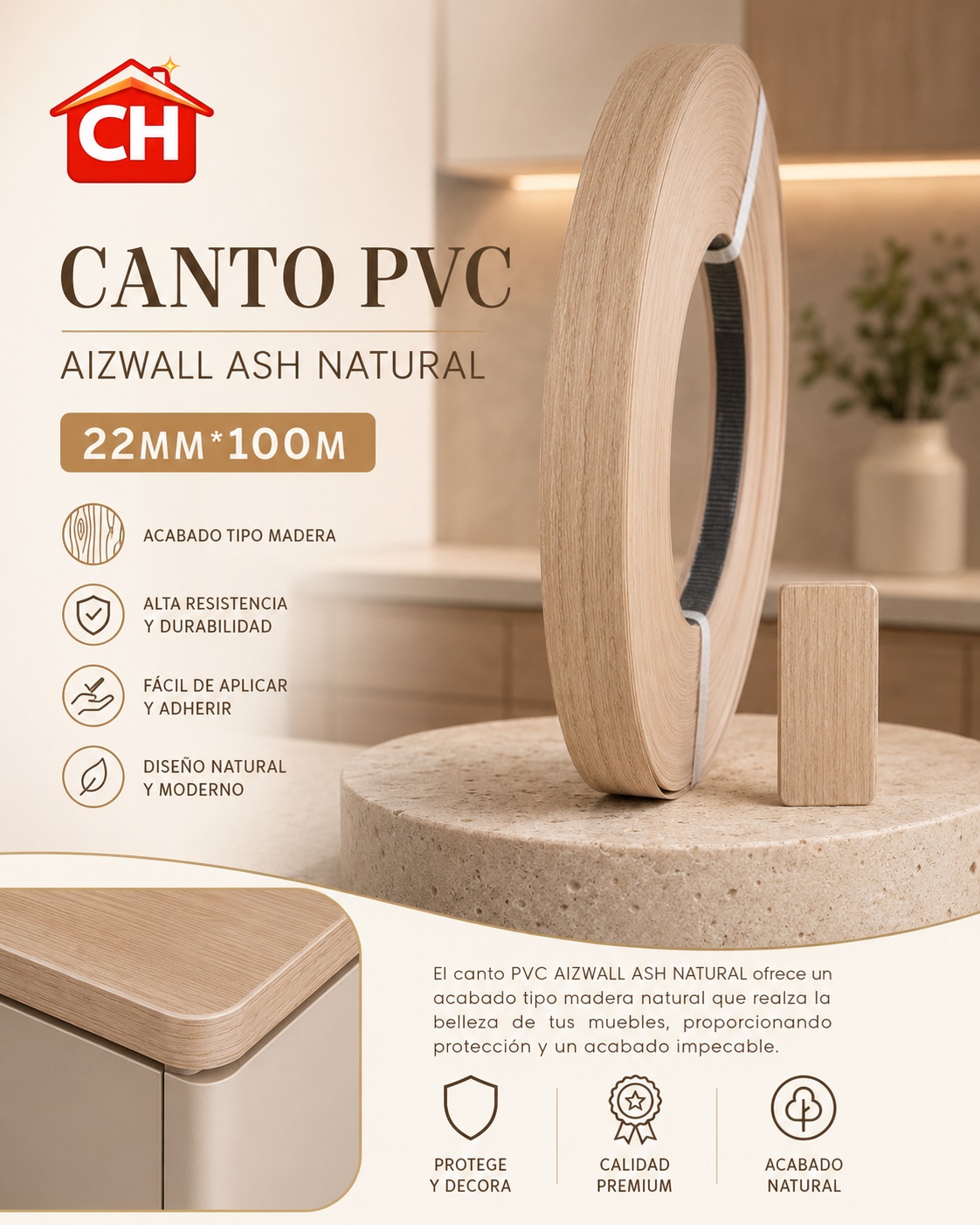 CANTO PVC AIZWALL ASH NATURAL 22MM*100M*0.5