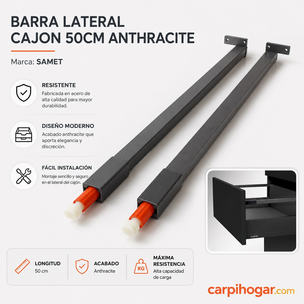 BARRA LATERAL CAJON 50CM ANTHRACITE SAMET