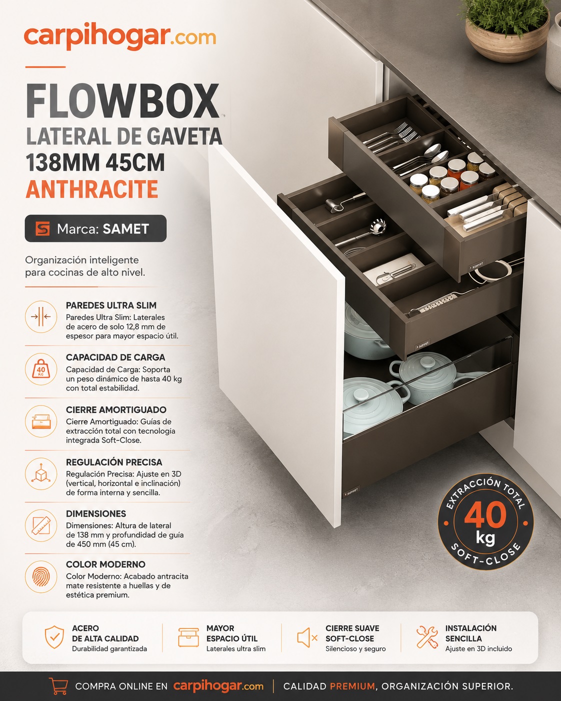 SAMET FLOWBOX LATERAL DE GAVETA 138MM 45CM ANTHRACITE