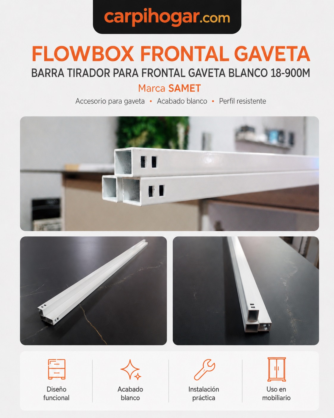 BARRA TIRADOR PARA FRONTAL GAVETA BLANCO 18-900M