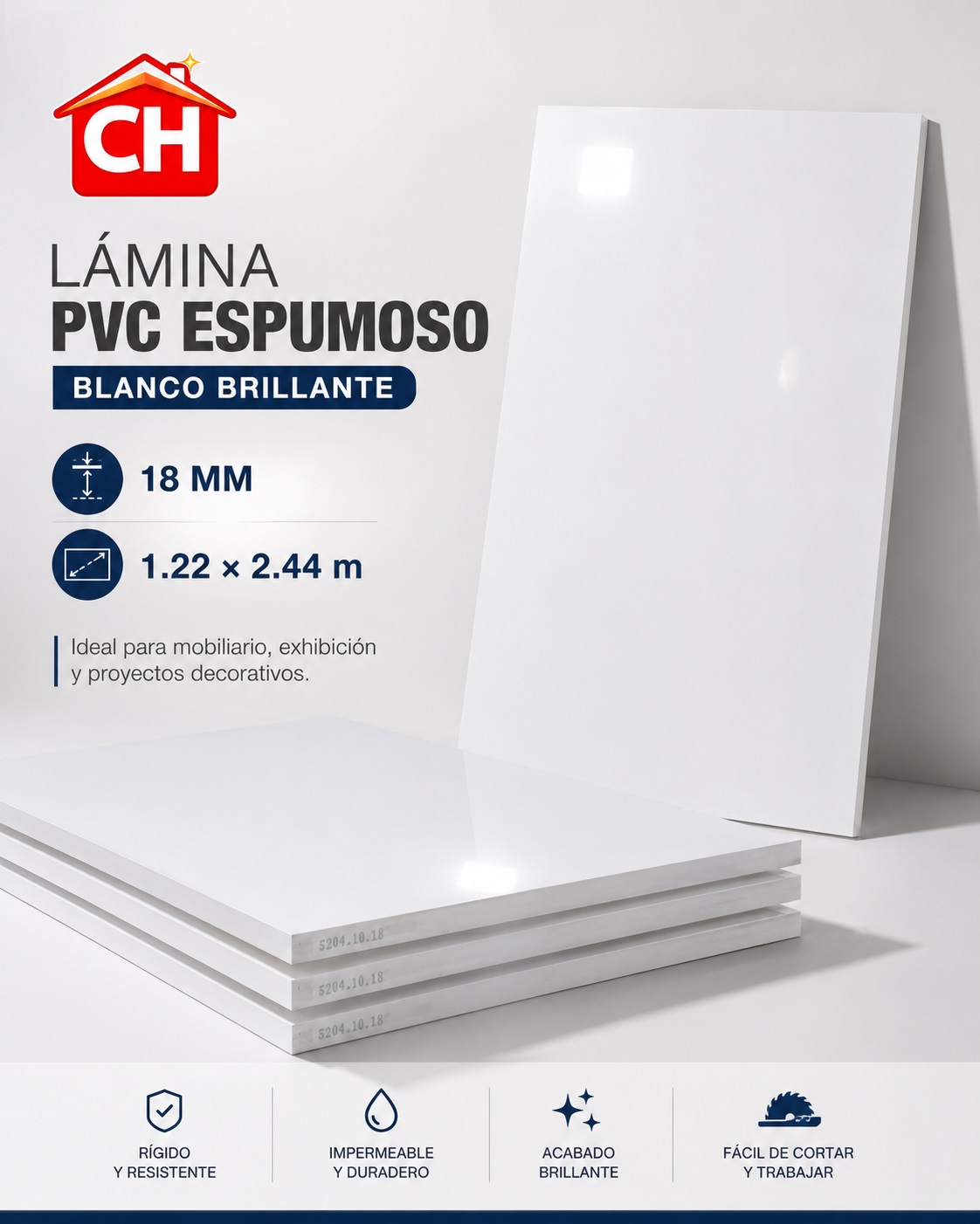 LAMINA PVC ESPUMOSO BLANCO BRILLANTE 18MM 1.22*2.44