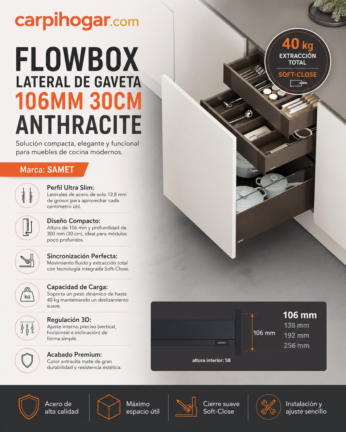 SAMET FLOWBOX LATERAL DE GAVETA 106MM 30CM ANTHRACITE