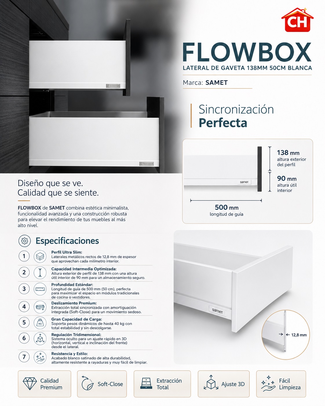 SAMET FLOWBOX LATERAL DE GAVETA 138MM 50CM BLANCA