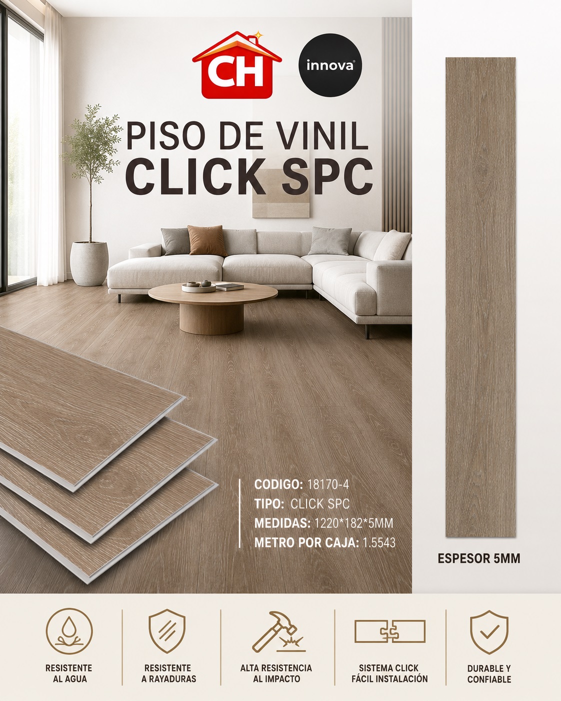 PISO DE VINIL CLICK SPC 18170-4 EN 26 $ EL MTR2 1.55 POR CAJA