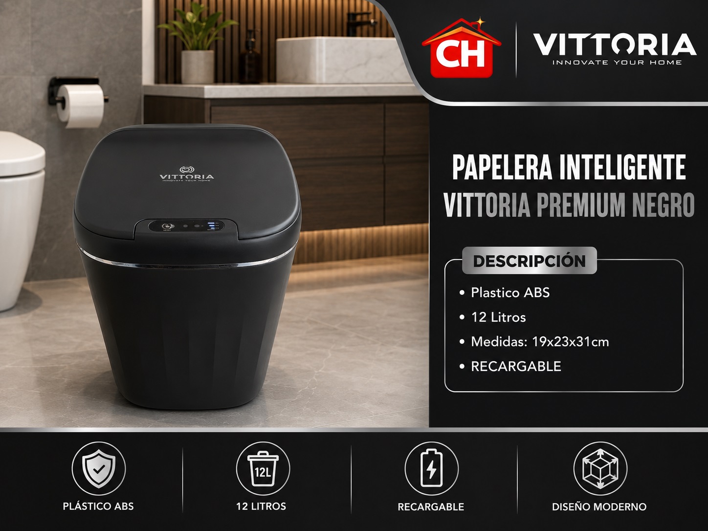PAPELERA INTELIGENTE VITTORIA PREMIUM (RECARGABLE) NEGRO